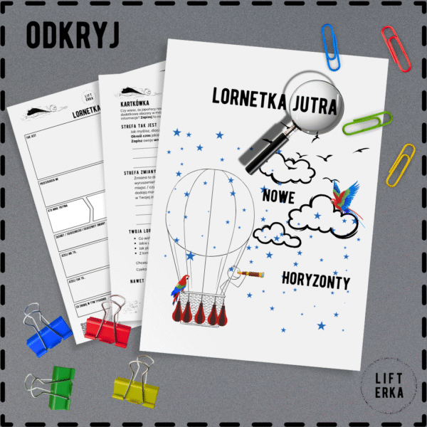 Ujęcie z góry przedstawia dokumenty "Lornetka Jutra", otoczone kolorowymi spinaczami. Główny dokument zawiera grafikę balonu, chmur i ptaków, oraz hasła "NOWE HORYZONTY". Tło to szara powierzchnia blatu biurka.