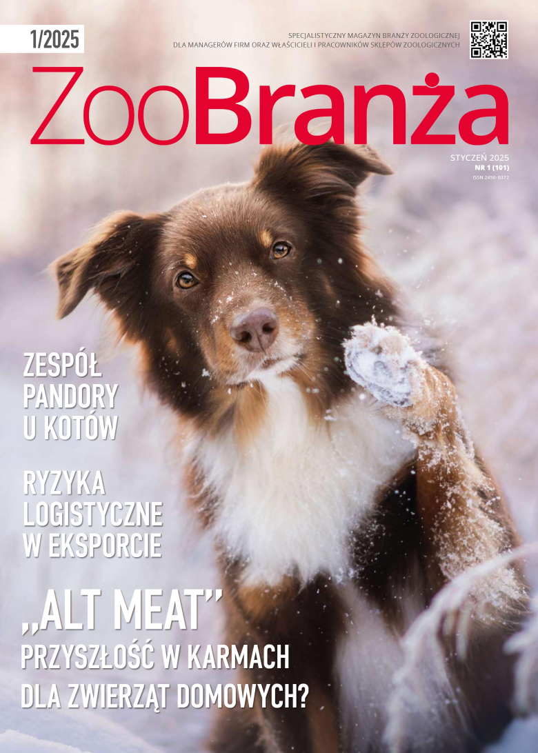 Na okładce magazynu "ZooBranża" z datą "1/2025" znajduje się zdjęcie brązowego psa rasy border collie z białymi łatami na szyi. Pies patrzy w obiektyw, a w tle widać ośnieżone drzewa. W lewym dolnym rogu okładki widnieją tytuły artykułów, a w prawym górnym rogu znajduje się kod QR.