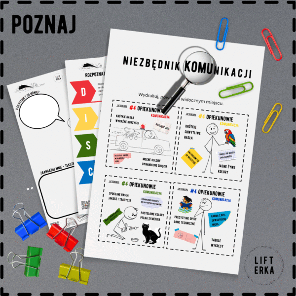Kadr blatu szarego biurka widziany z góry przedstawia wydruk 3 stron pt. „Niezbędnik Komunikacji”. Na blacie spinacze biurowe kolorach czerwony, żółty, zielony, niebieski.