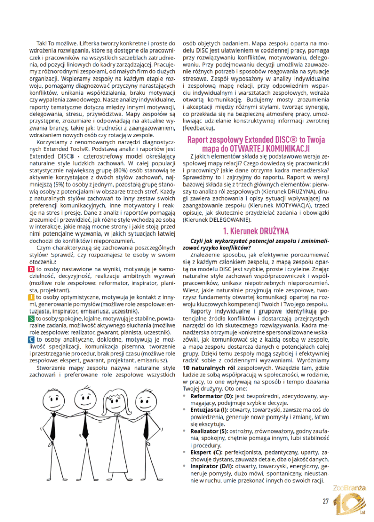 27 strona kwietniowego numeru magazynu ZOObranża znajduje się na niej tekst dotyczący typologii Extended DISC Tekst jest podzielony na kilka akapitów i zawiera opisy różnych stylów zachowań oraz ich charakterystyk. Poniżej tekstu znajduje się ilustracja przedstawiająca cztery uśmiechnięte postacie stojące obok siebie. Wymienione są także role zespołowe wraz z ich krótkimi opisami.