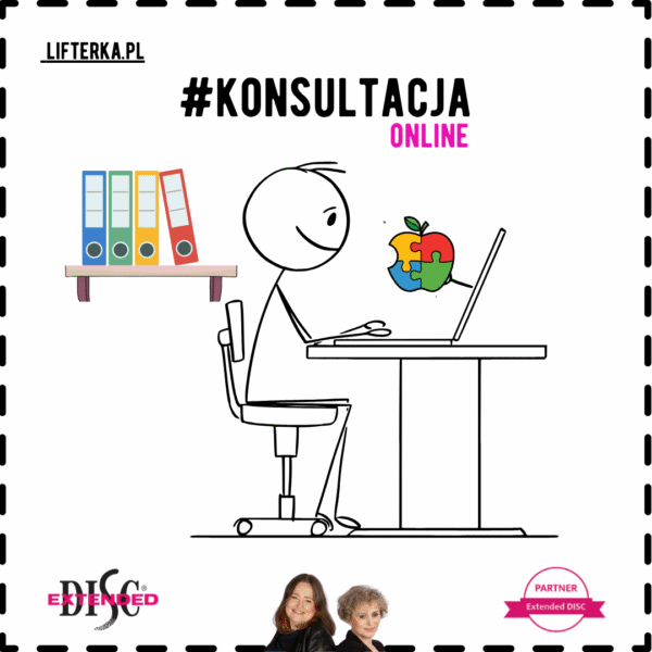 Grafika przedstawia stylizowaną postać ludzką, narysowaną cienką czarną linią, siedzącą przy biurku i pracującą na laptopie. Postać ma uśmiechniętą twarz i patrzy na ekran komputera, na którym widnieje kolorowe jabłko złożone z czterech puzzli, w kolorach czerwonym, żółtym, niebieskim i zielonym. Biurko jest prostokątne, a postać siedzi na krześle biurowym z kółkami. W tle, po lewej stronie, znajduje się półka z czterema segregatorami w różnych kolorach: niebieskim, zielonym, żółtym i czerwonym. Całość kompozycji jest otoczona czarną, przerywaną ramką. W dolnej części obrazka, pod biurkiem, znajdują się dwa zdjęcia portretowe kobiet. W lewym dolnym rogu znajduje się logo "Extended DISC", a w prawym dolnym rogu napis "PARTNER Extended DISC". Obrazek jest utrzymany w minimalistycznym, graficznym stylu, z przewagą białego tła i czarnych linii, przełamanym kolorowymi elementami w centrum kompozycji.